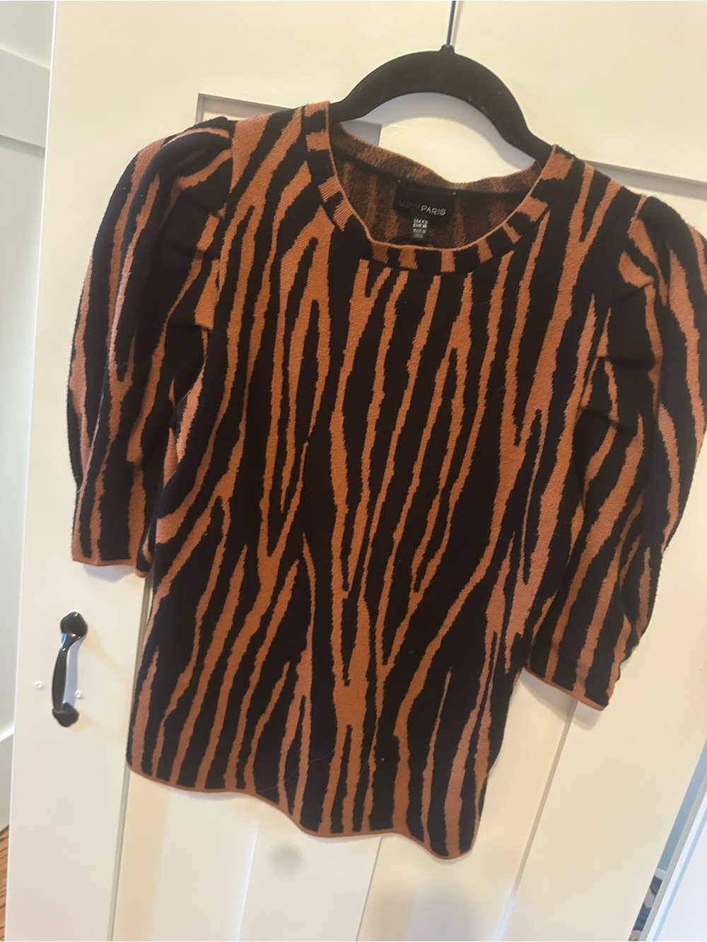 Lucy Paris Black and Brown Zebra-Print Puff Sleeve Sweater